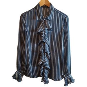 Larsen Gray Strip Ruffled Button Up Blouse